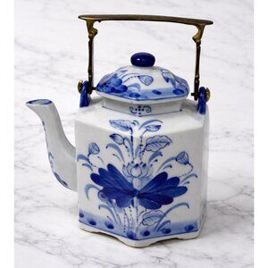Vtg Hexagonal Blue & White Porcelain Tea Pot with Brass Handle Thailand